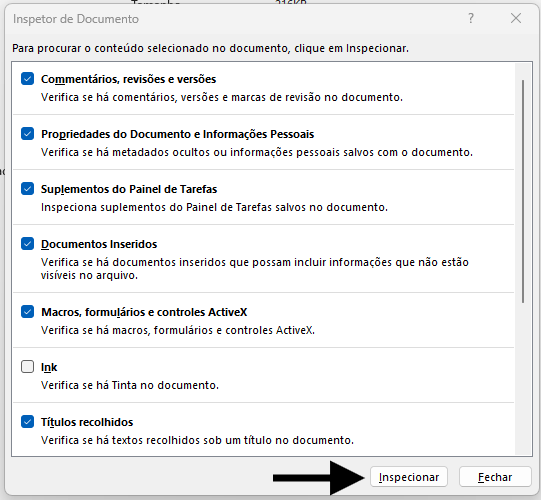inspecionando documento com o objetivo de reduzir o tamanho de arquivos do Word  