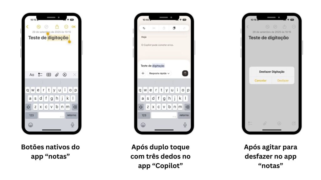 Exemplos de telas para desfazer digitações no iPhone