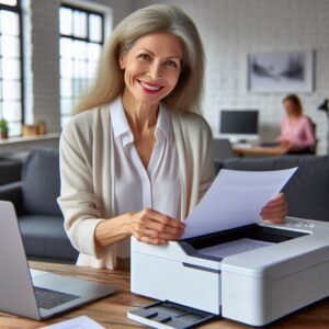 Senhora feliz depois de imprimir a página que queria