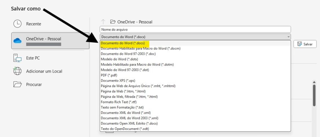 salvando como docx para reduzir o tamanho de arquivos do Word