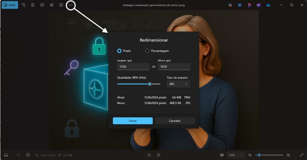 como reduzir o tamanho de arquivos do Word usando o aplicativo fotos