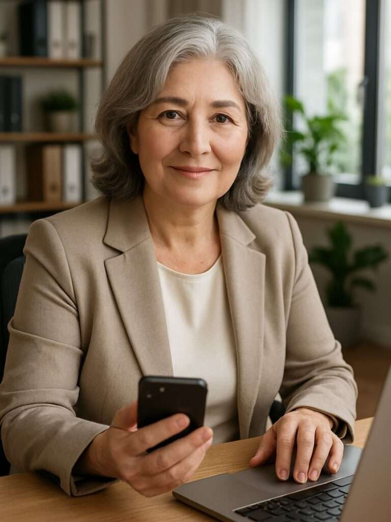 Mulher aprendendo dicas práticas de tecnologia no computador e colocando em prática no celular