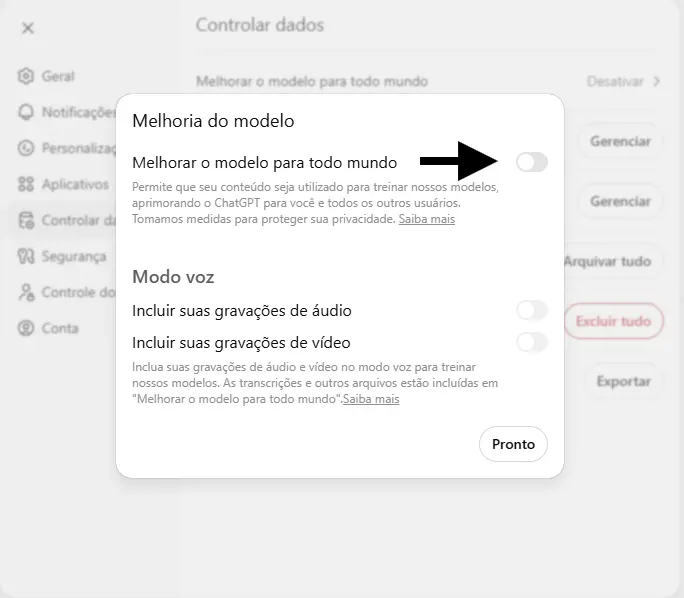 Tela Melhoria do modelo