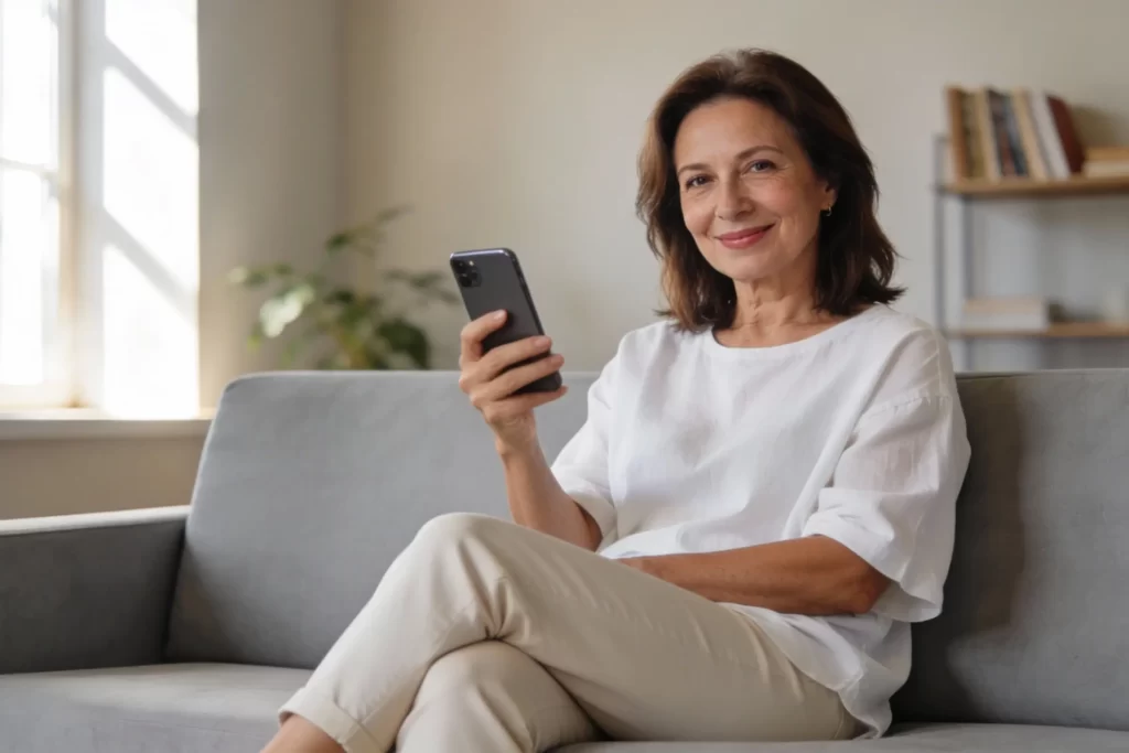 Senhora feliz poorque escolheu o seu assistente de IA