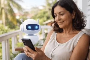 senhora usando um assistente de IA