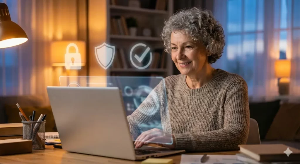 Pessoa idosa em casa usando IA com segurança no computador —         iniciante aprendendo inteligência artificial sem medo