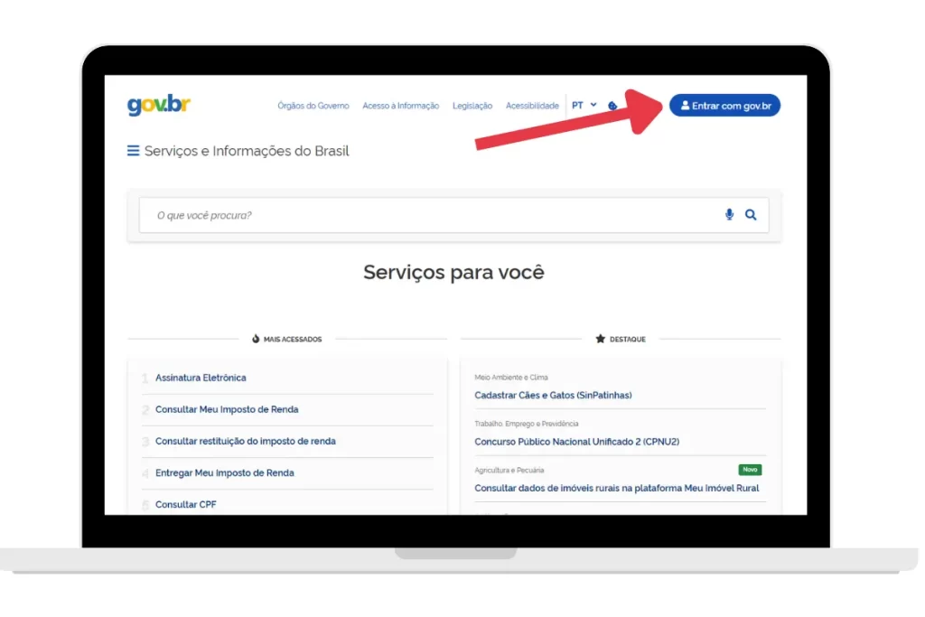 Tela do portal gov.br com o botão azul 'Entrar com gov.br' destacado no canto superior direito