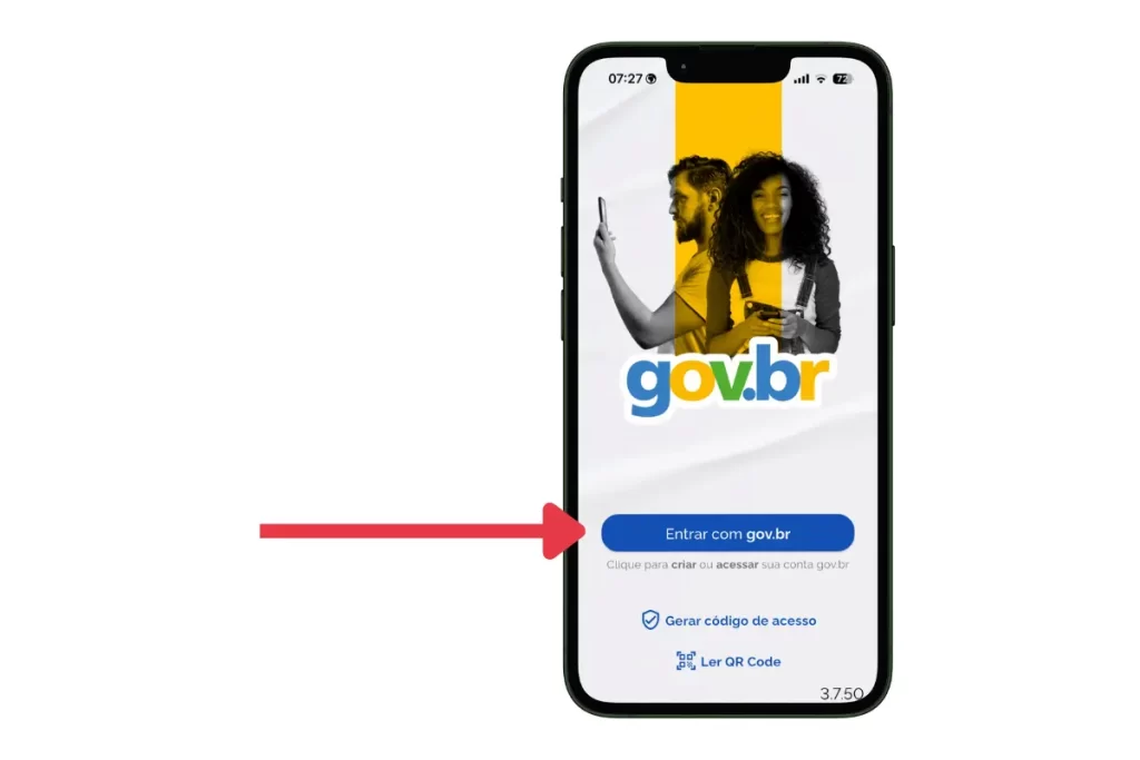 Tela inicial do aplicativo gov.br com o botão 'Entrar com gov.br' visível e destacado