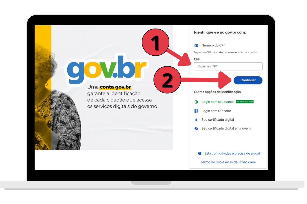 Campo de entrada de CPF no portal gov.br com instruções e botão 'Continuar' em destaque