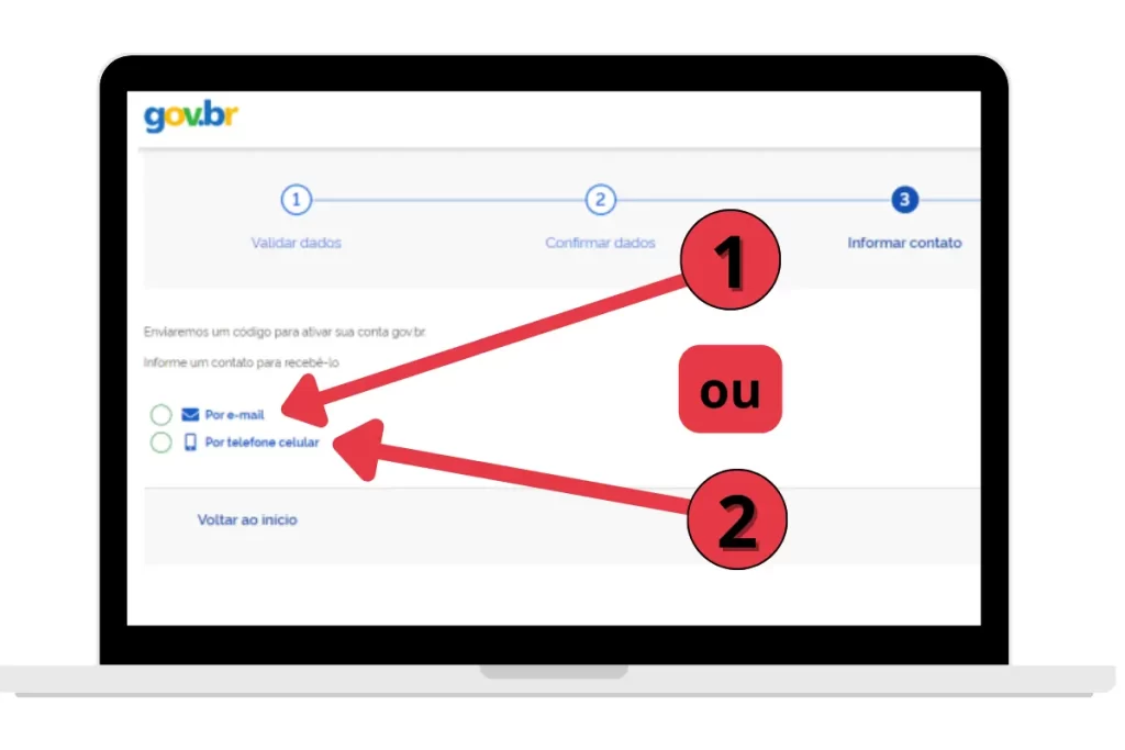 Tela do portal gov.br com dois campos: campo para digitar e-mail completo e campo para inserir  número de telefone com DDD (ex: 27 99999-9999)