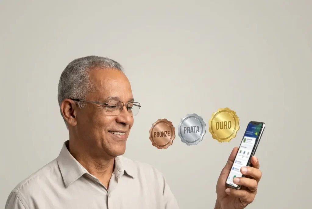 Senhor usando o celular para aumentar o nível da conta gov.br de Bronze para Prata ou Ouro.