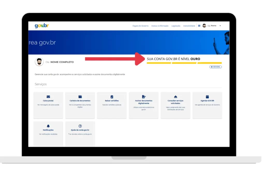 Nível da conta gov.br - OURO Tela após o login indicando nível da conta gov.br OURO