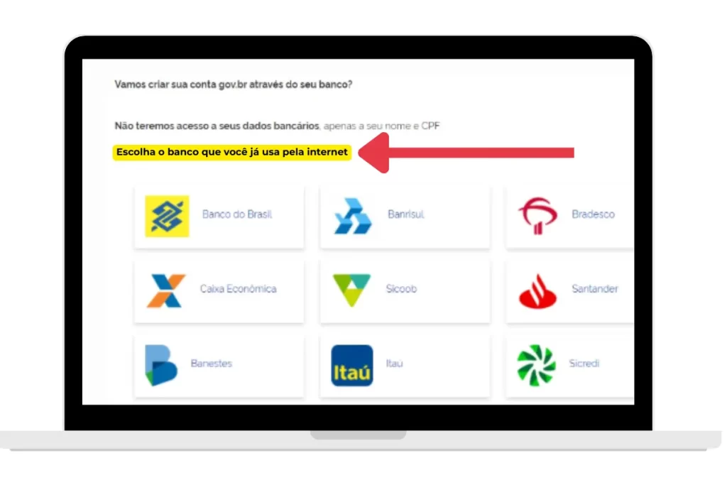 Interface do gov.br mostrando opções de bancos credenciados para validação de identidade