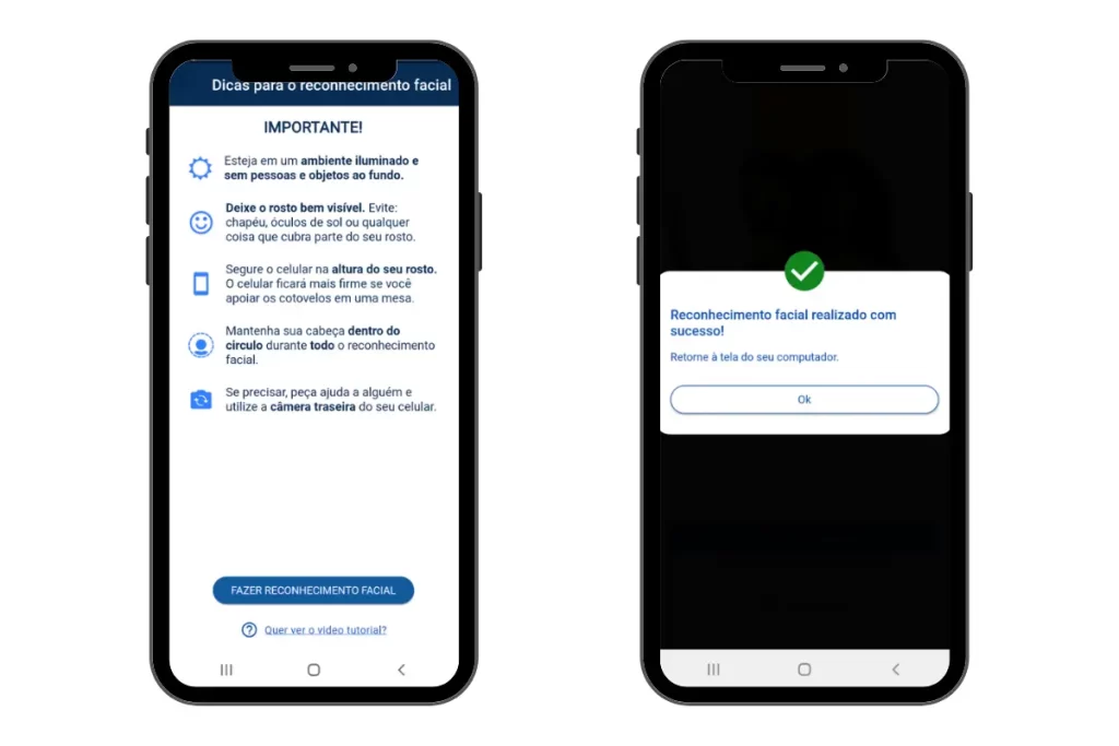Tela de celular com instruções para reconhecimento facial durante validação no gov.br