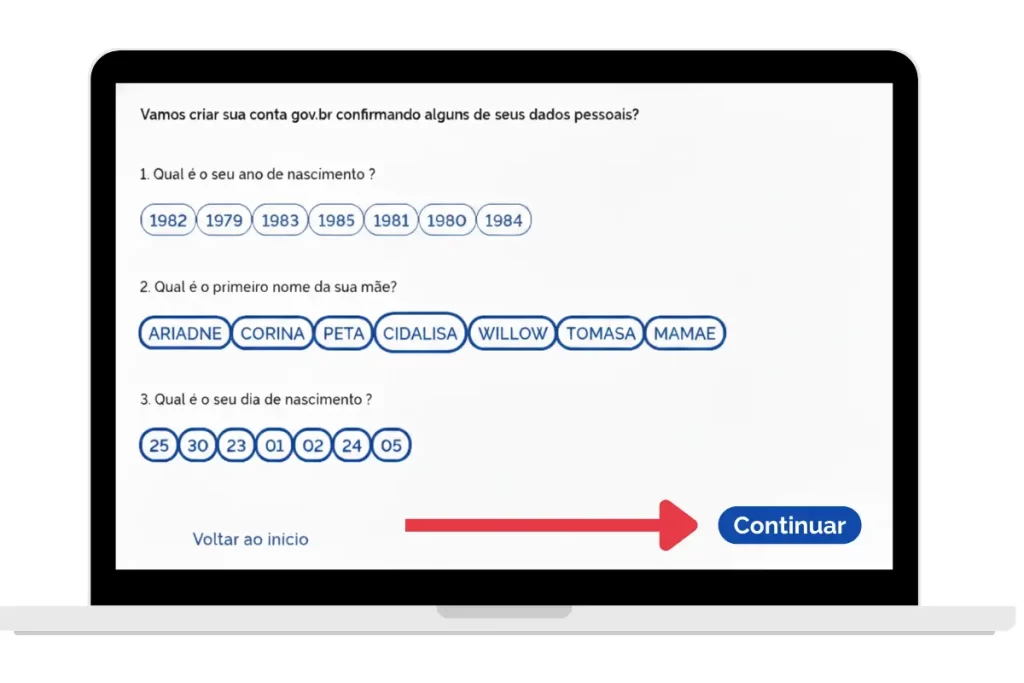 Tela com perguntas de segurança para validação de identidade no gov.br (data de nascimento, nome da mãe)