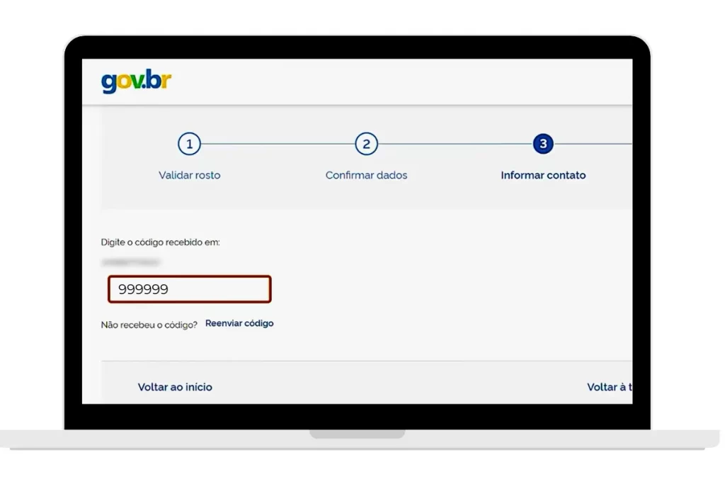 Tela do gov.br com campo para 6 dígitos do código de confirmação e instruções e e opção para reenviar o código caso expire