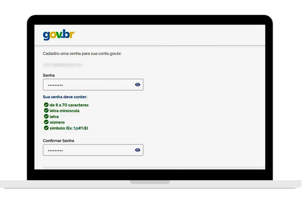 Campo para definir uma senha forte na conta gov.br com requisitos de segurança visíveis