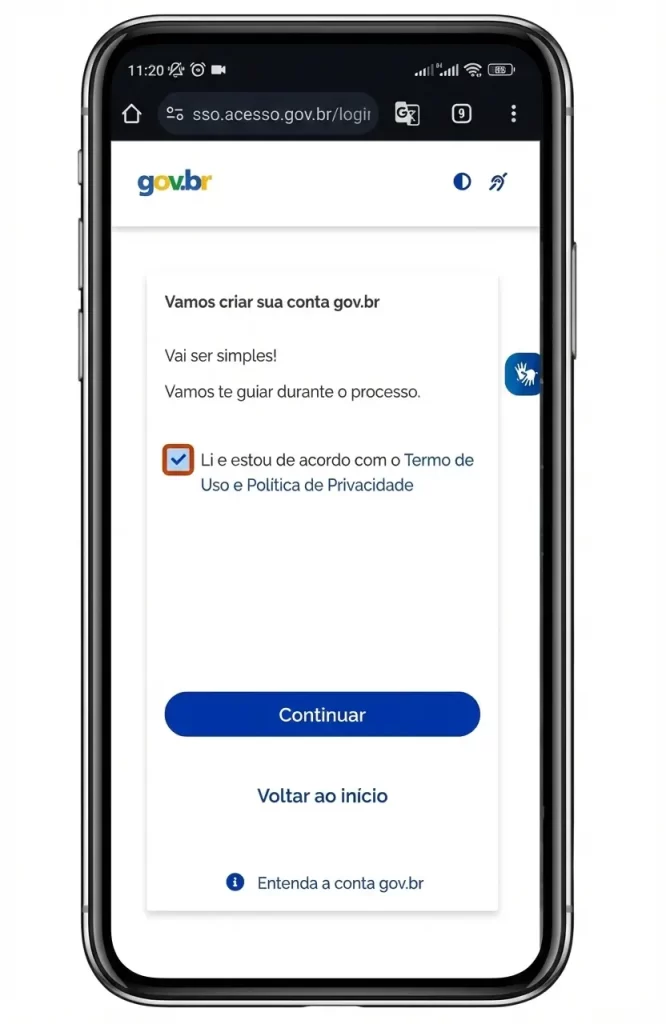 Tela do app gov.br convidando a criar uma conta